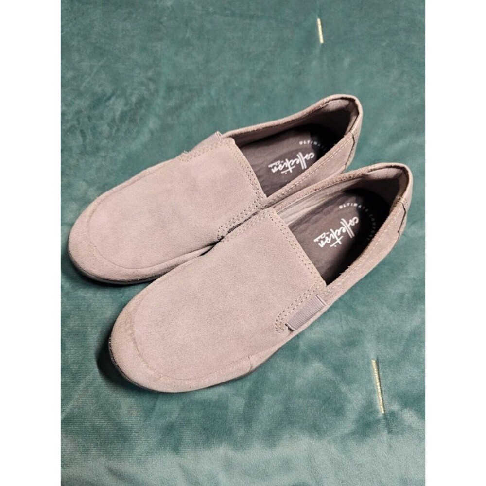 Clarks Collection Haley Park Grey Suede Slip On Loafer Flats Ultimate Comfort